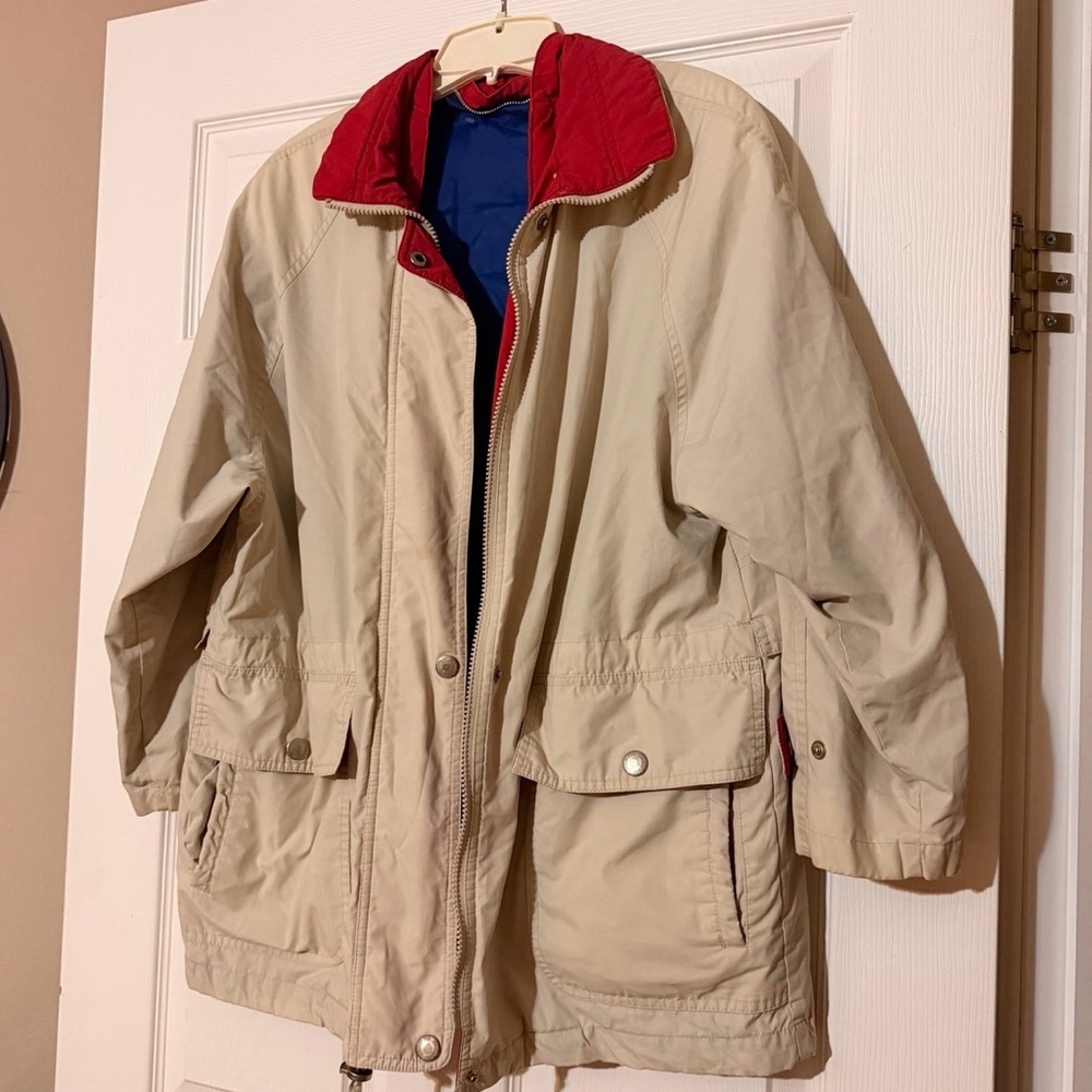 London Fog Unisex Petite Small PS Beige Blue Red Jacket Very Nice